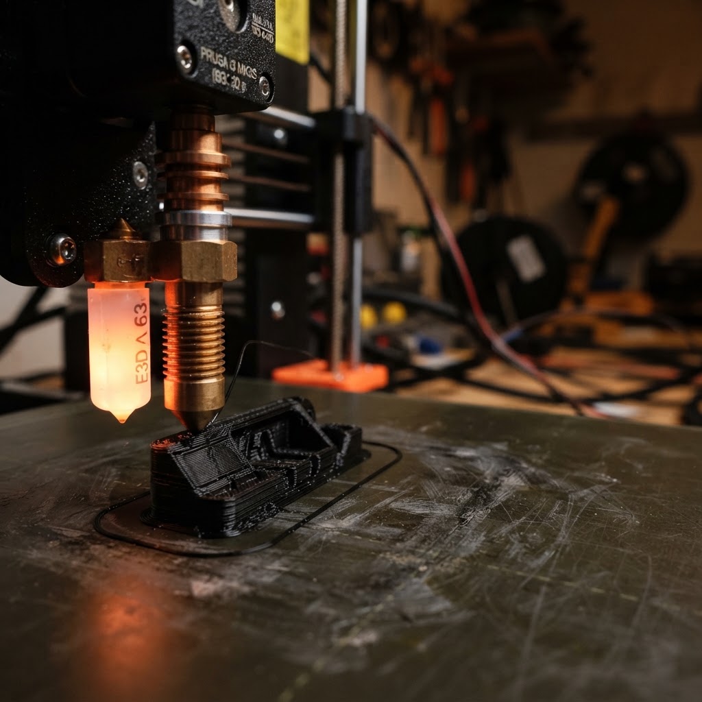 3D printer producing a black component in the PlastiPrintWorks workshop